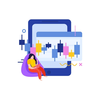 Data analysis flat composition with tablet and graphs with sitting human character vector illustration