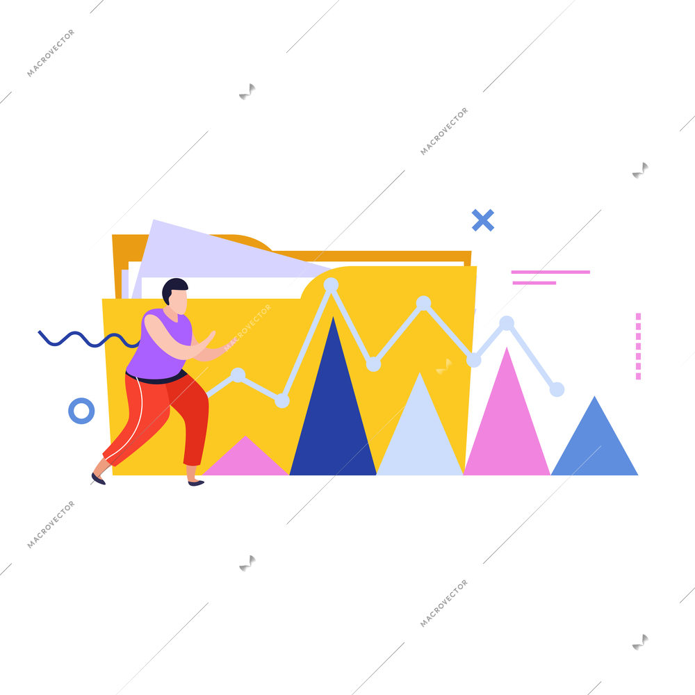 Data analysis flat composition with human character and folder with graph peaks vector illustration