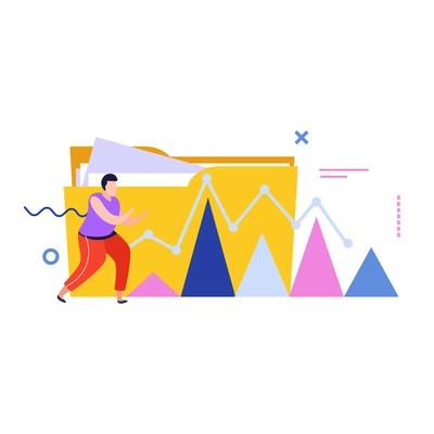 Data analysis flat composition with human character and folder with graph peaks vector illustration