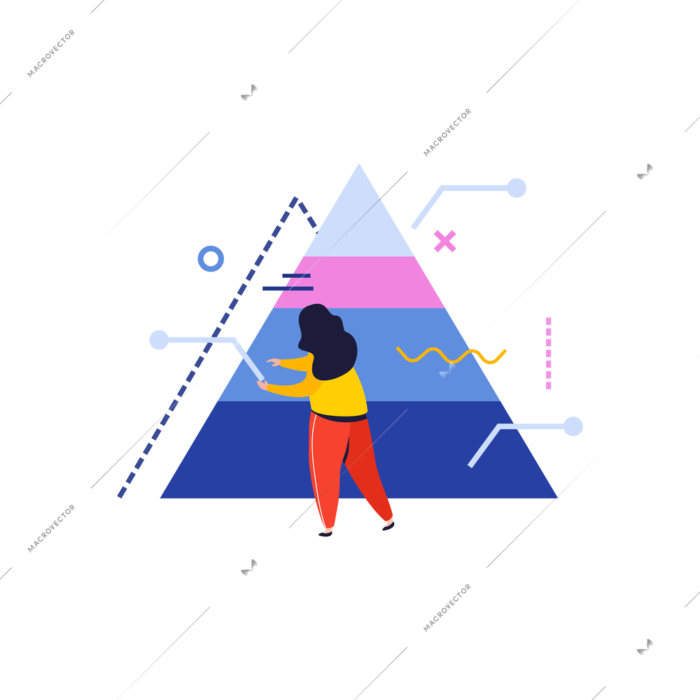 Data analysis flat composition with pyramid shaped data chart with female character vector illustration