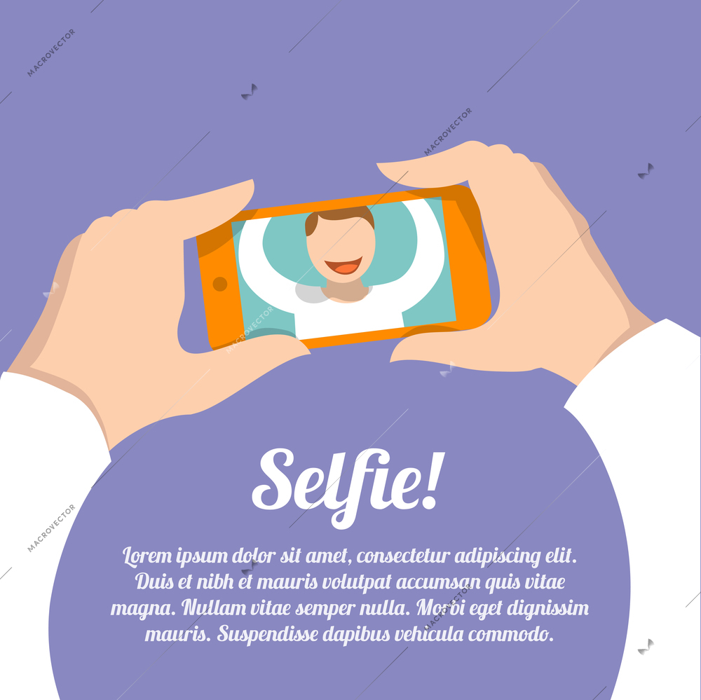 Selfie poster with man making self portrait picture with smartphone camera vector illustration