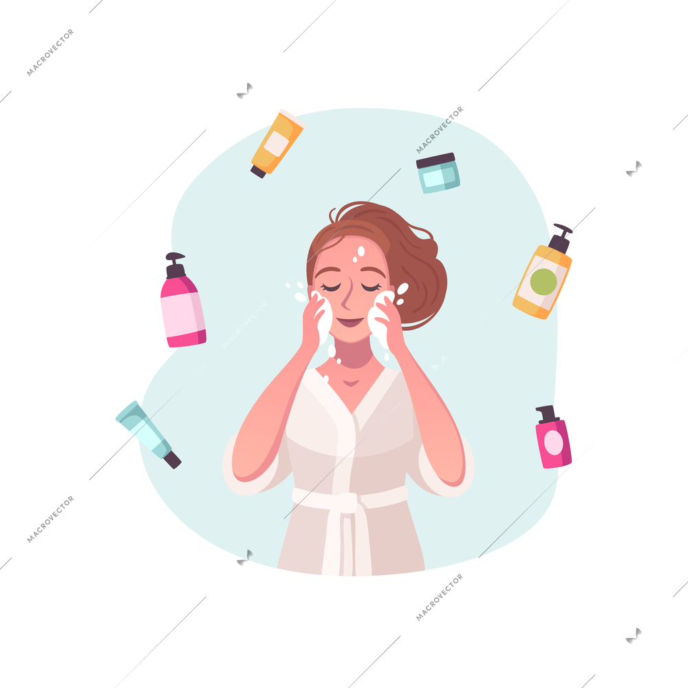 Skincare routine cartoon composition with woman using facial cleanser surrounded by cosmetic bottles vector illustration