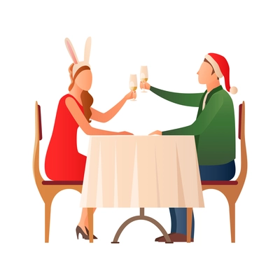 Christmas gradient flat composition with couple sitting at table with glasses of champagne vector illustration