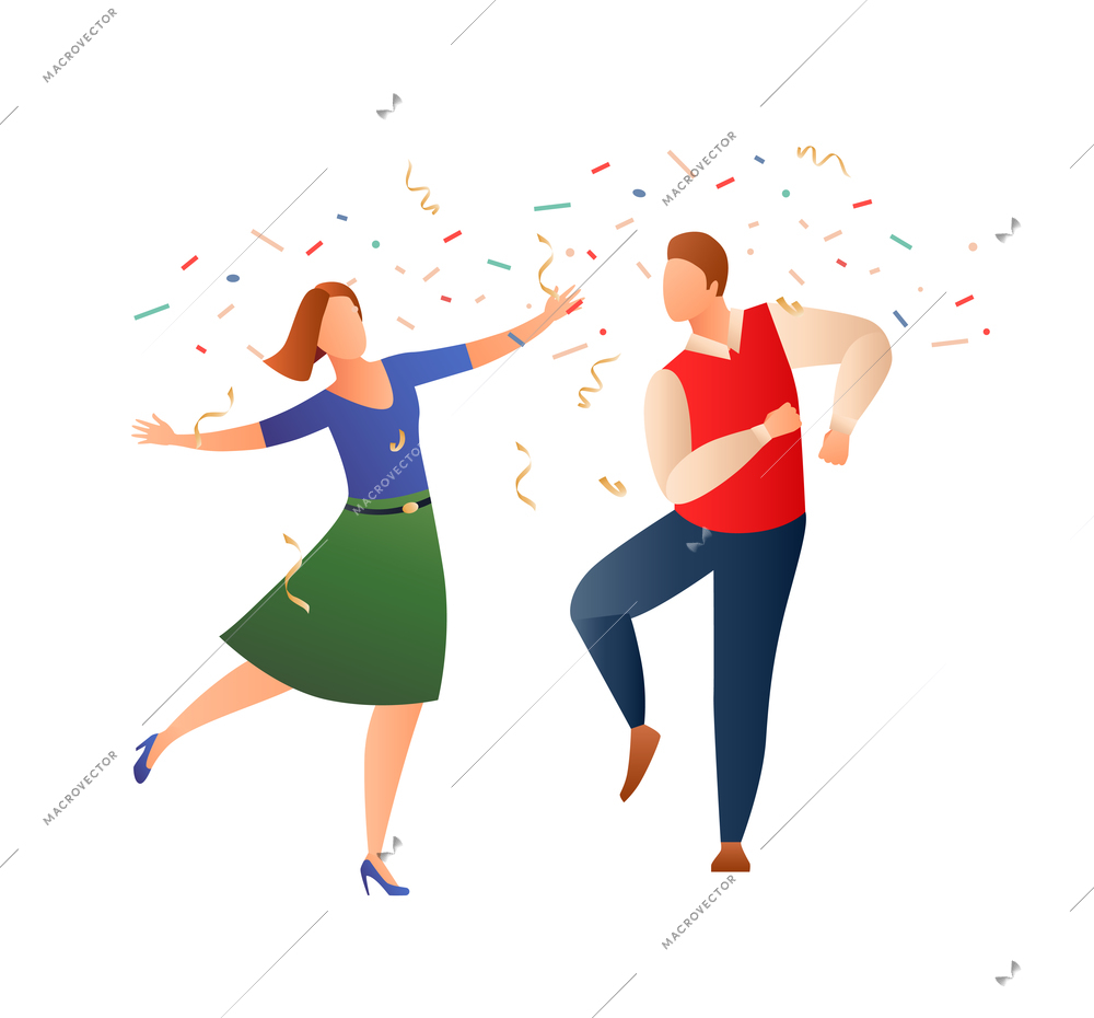Christmas gradient flat composition with characters of dancing people with flying confetti vector illustration