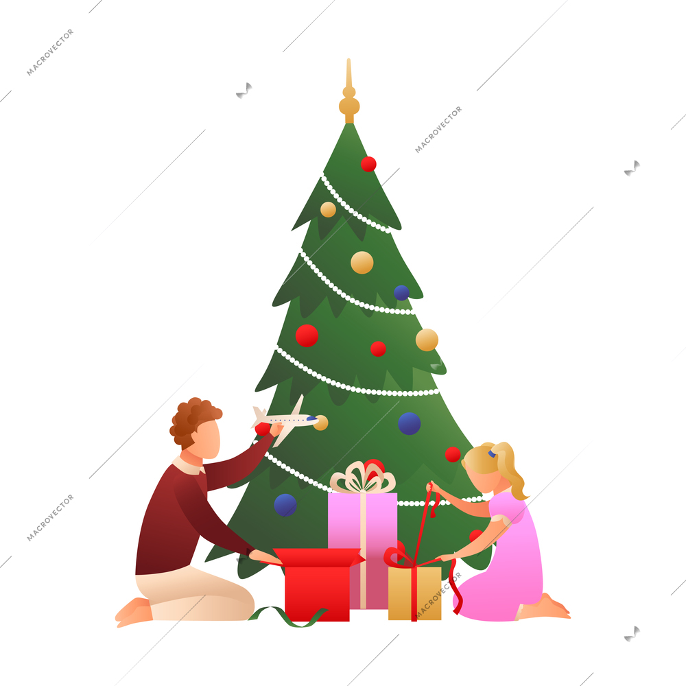 Christmas gradient flat composition with images of new year tree and gifts with children characters vector illustration