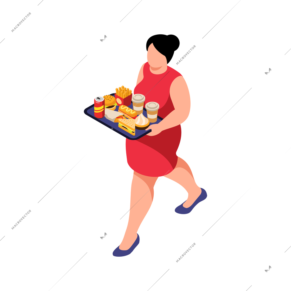 Isometric obesity unhealthy diet lifestyle composition with character of fat woman carrying junk food vector illustration