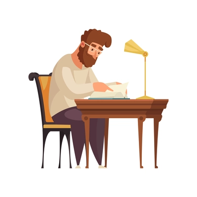 Old library interior composition with human character of bearded man reading book at table vector illustration