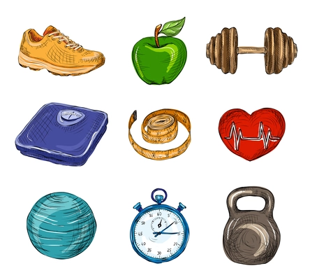 Fitness bodybuilding diet colored sketch icons set isolated vector illustration