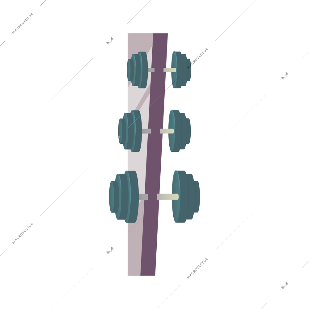 Bodybuilding composition with isolated image of dumbbells fixed on rack holder vector illustration