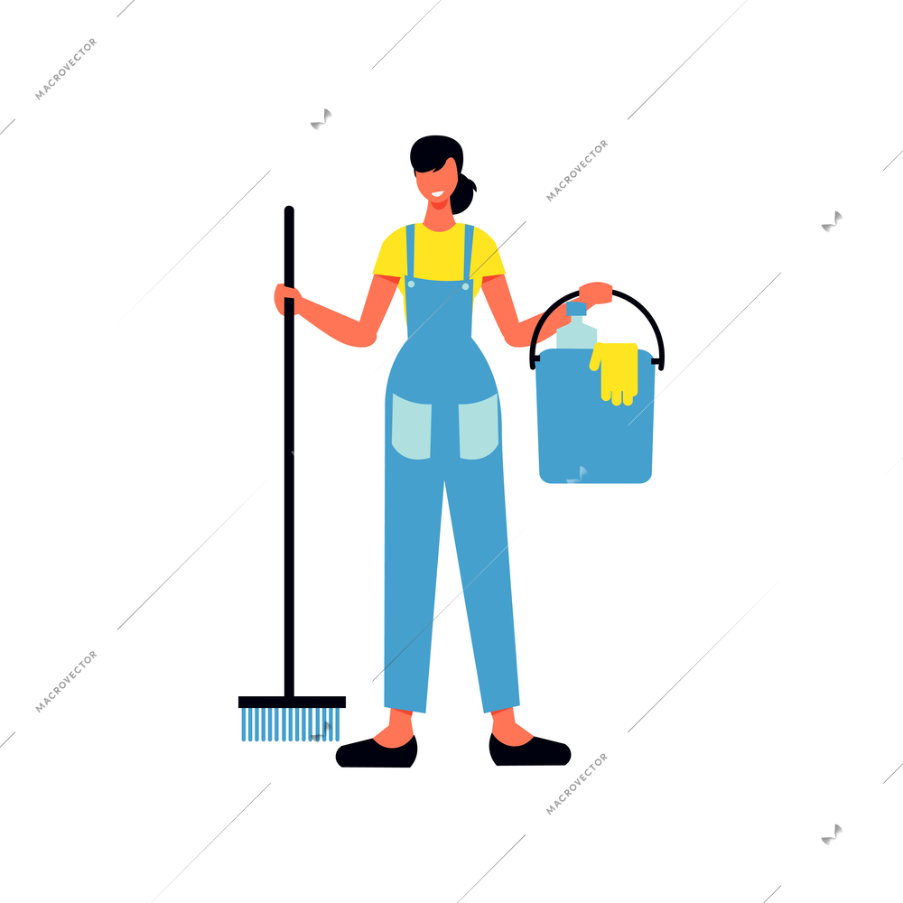 Cleaning service flat composition with human character of cleaning service worker with bucket and brush vector illustration