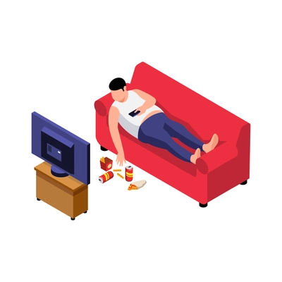 Isometric obesity unhealthy diet lifestyle composition with character of fat man lying on sofa watching tv vector illustration