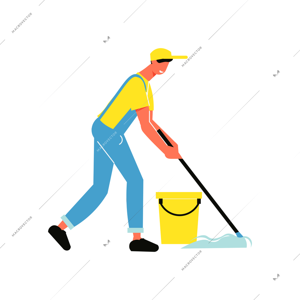 Cleaning service flat composition with human character of cleaning service worker cleaning floor with brush and bucket vector illustration