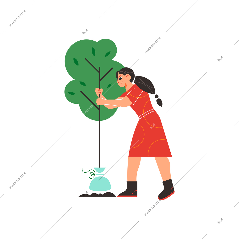 Farm composition with human character of female worker planting tree vector illustration