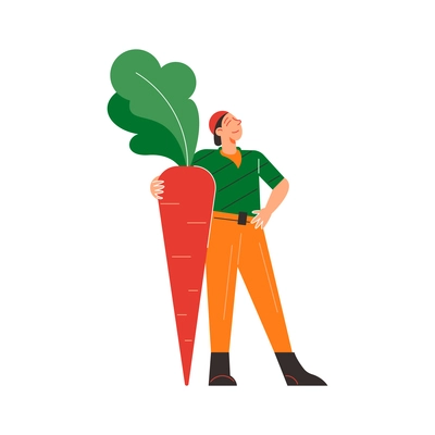 Farm composition with human character of male worker embracing carrot root vector illustration