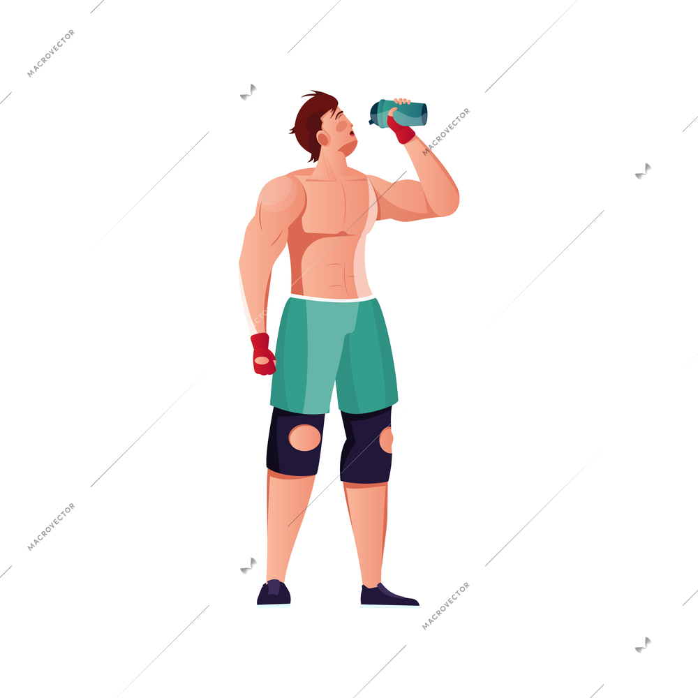 Bodybuilding composition with isolated human character of muscular man drinking from cup vector illustration