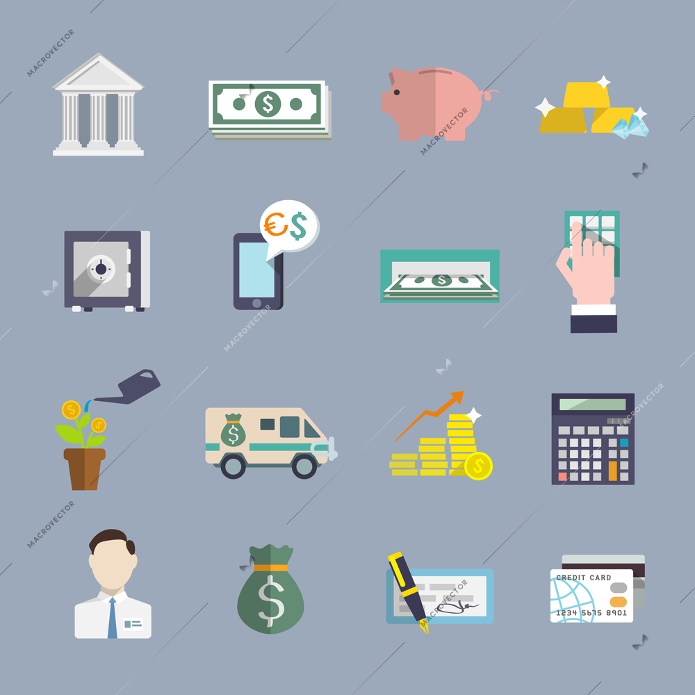 Bank financial safety and growth service flat icons set isolated vector illustration