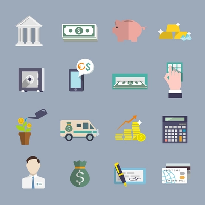 Bank financial safety and growth service flat icons set isolated vector illustration