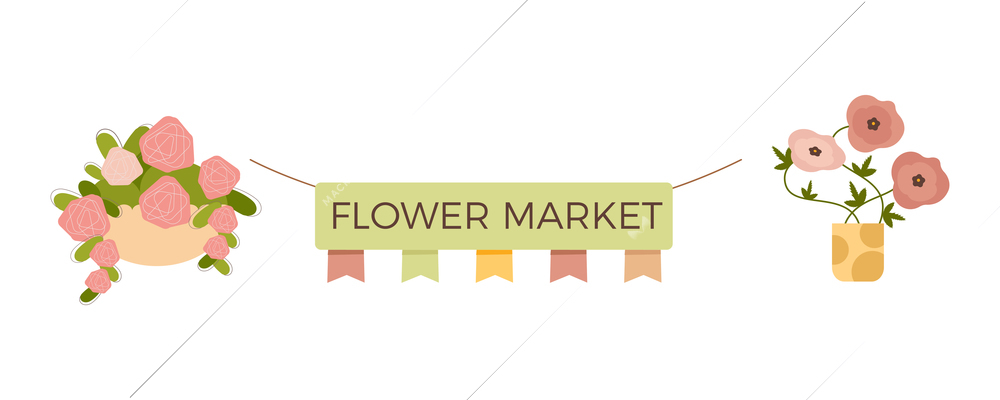 Floristics flat composition with isolated image of signboard with flags and pots on blank background vector illustration