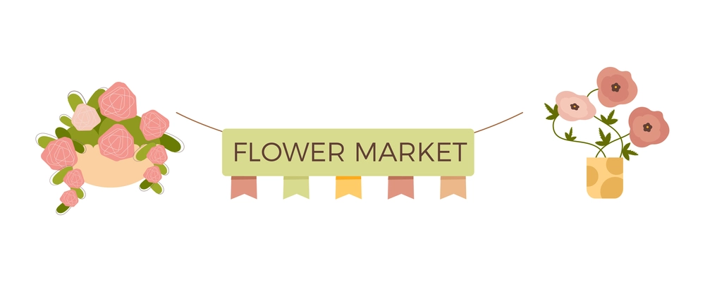 Floristics flat composition with isolated image of signboard with flags and pots on blank background vector illustration