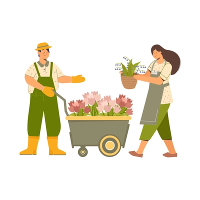 Floristics flat composition with human characters of florists with pots on trolley on blank background vector illustration