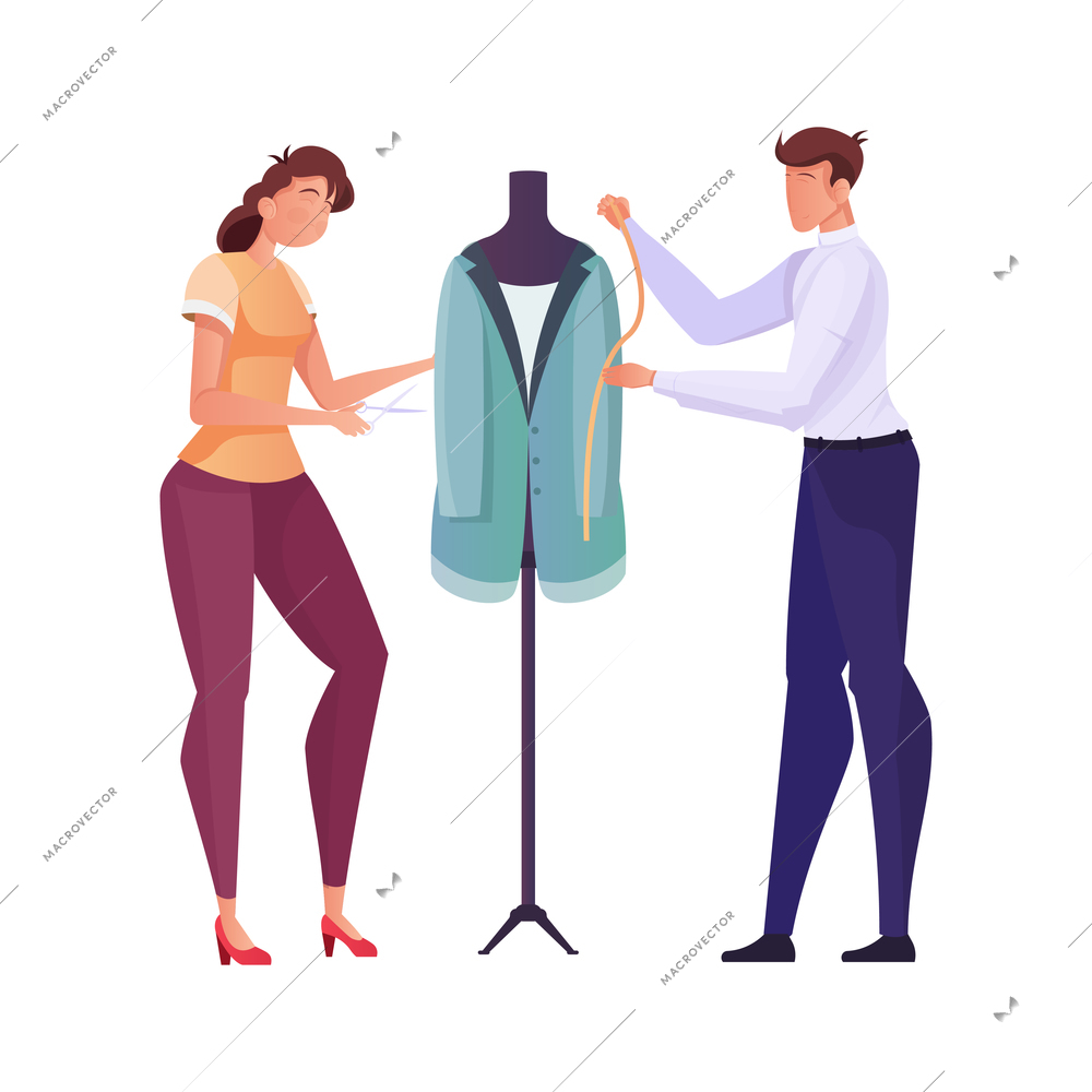 Tailoring flat composition with human characters of male and female tailors working with mannequin vector illustration