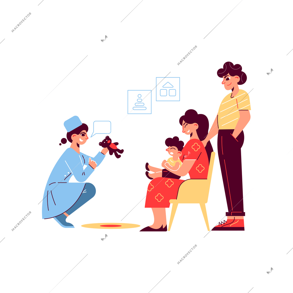 Hospital medicine doctor patient composition with character of female doctor with toy and child with parents vector illustration