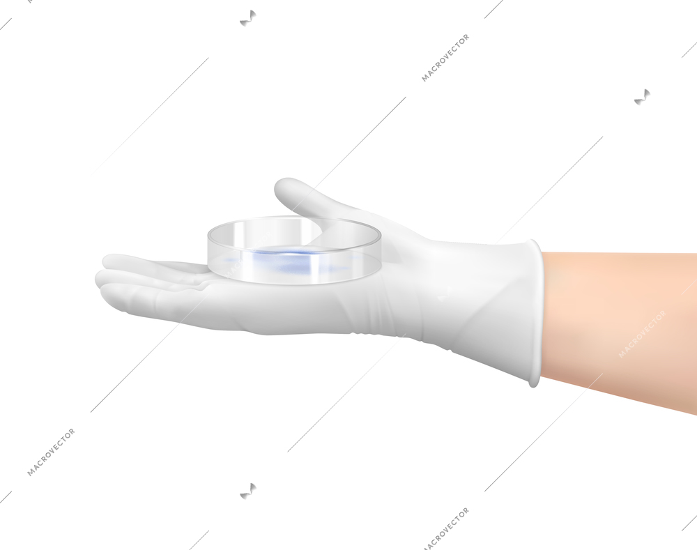 Realistic composition with hand in protective glove holding glass plate vector illustration