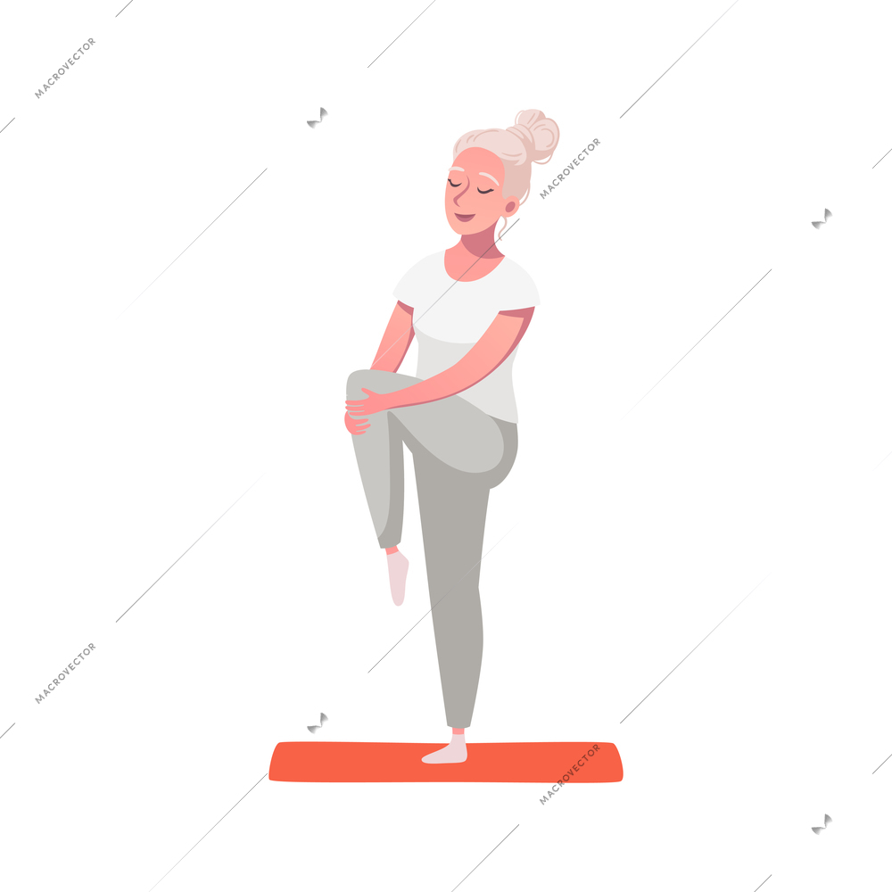 Senior woman doing yoga on white background cartoon vector illustration