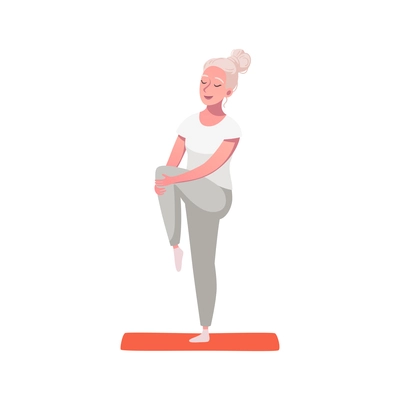 Senior woman doing yoga on white background cartoon vector illustration