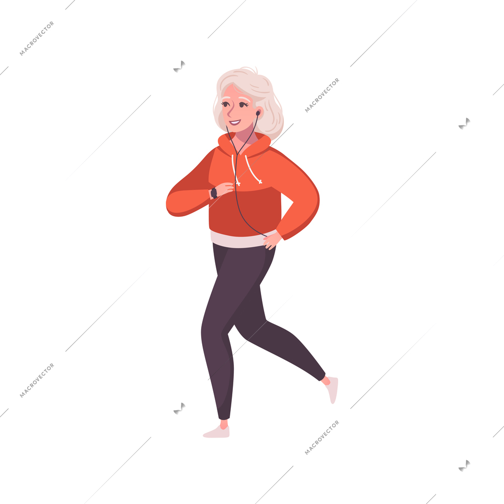 Active fit senior woman jogging with headphones cartoon vector illustration