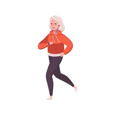 Active fit senior woman jogging with headphones cartoon vector illustration