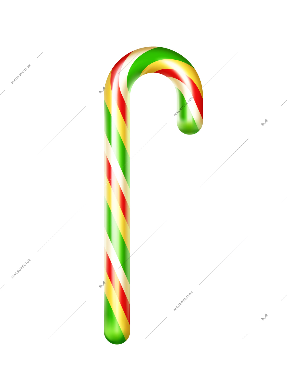 Striped candy cane on white background realistic vector illustration