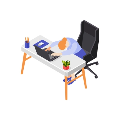 Burn-out syndrome isometric icons composition with sleeping female character at office table with laptop vector illustration