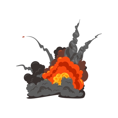 Bomb explosion fire bang amination composition with blasted bomb with flame and black smoke vector illustration