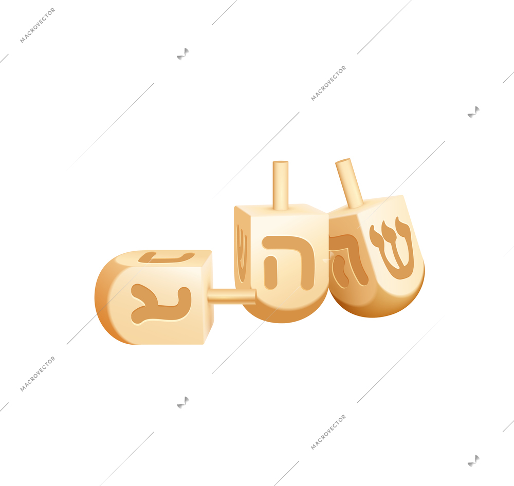 Wooden dreidels for hanukkah holiday on white background realistic vector illustration