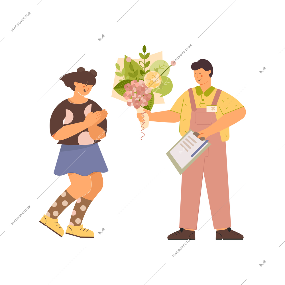 Floristics flat composition with male character making gift to a girl on blank background vector illustration