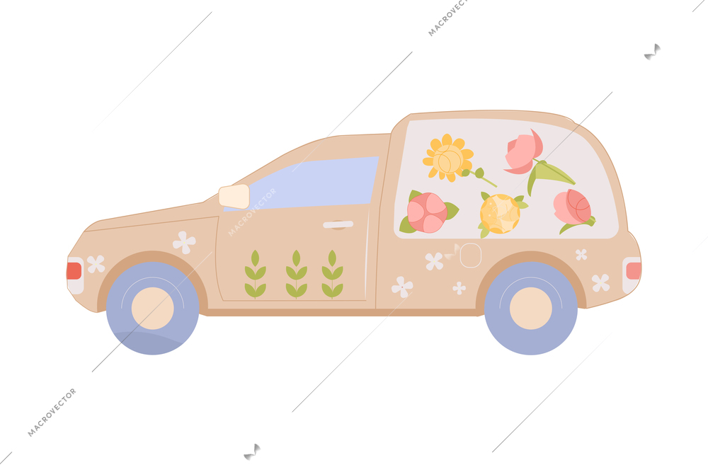 Floristics flat composition with isolated image of car with florists shop branding on blank background vector illustration