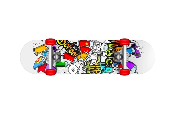 Teenager skateboard with colorful pattern bottom view on white background realistic vector illustration