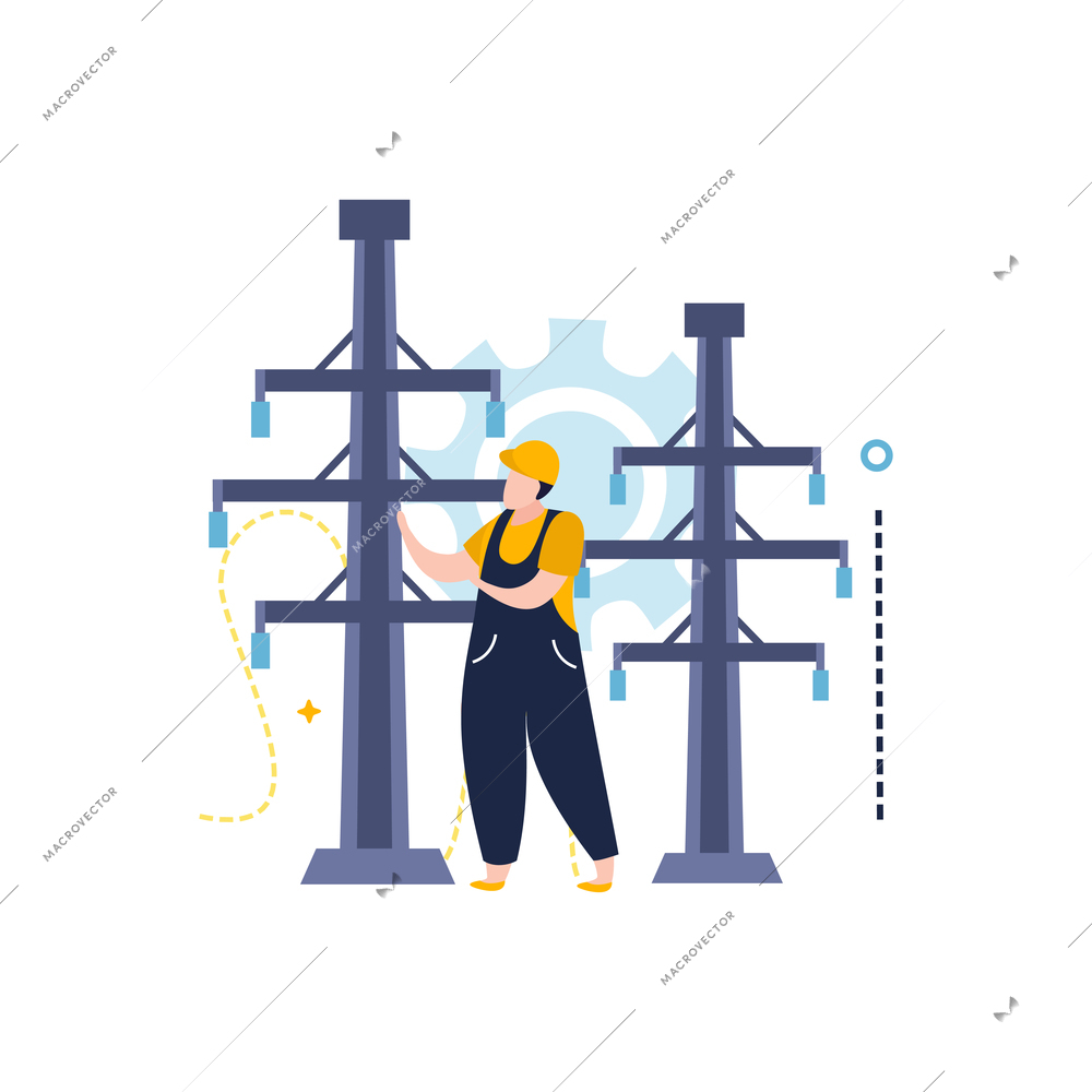 Electricity and lighting flat icons composition with character of electrician near power transmission line vector illustration