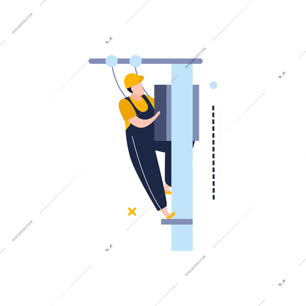 Electricity and lighting flat icons composition with character of electrician climbing up the power line pole vector illustration