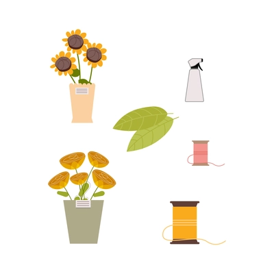 Floristics flat composition with isolated image of flower pots and stitching on blank background vector illustration