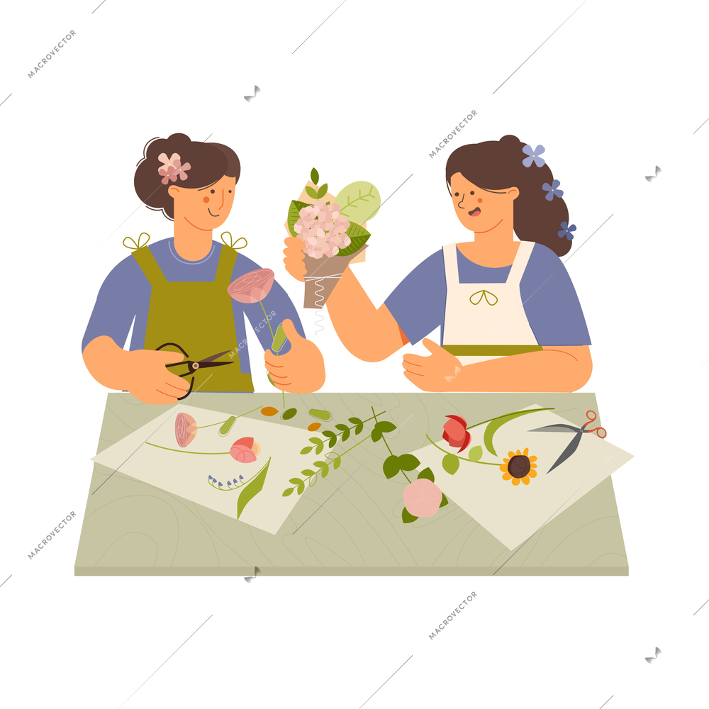 Floristics flat composition with human characters of female florists at table on blank background vector illustration