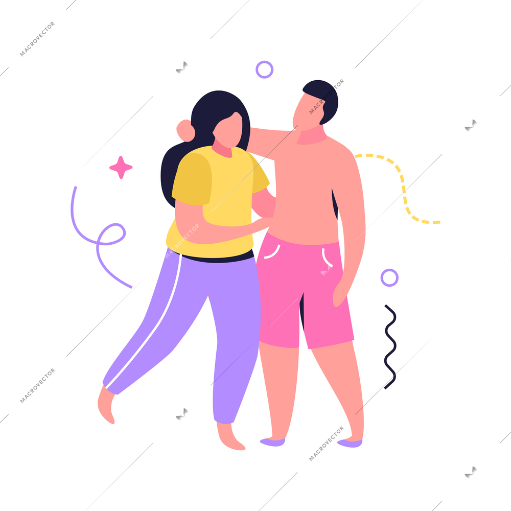 Hug day flat composition with human characters of loving couple embracing each other vector illustration