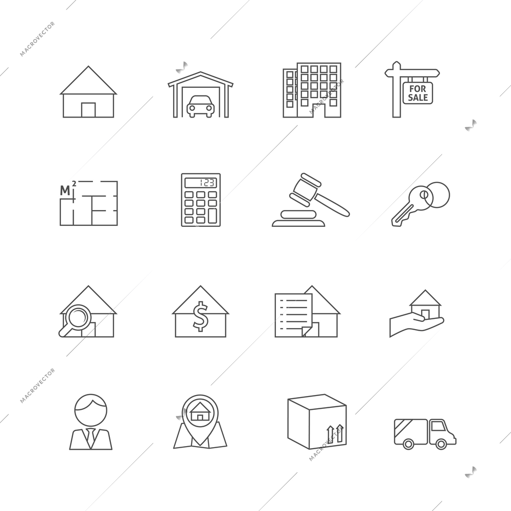 Real estate outline icons set of commercial property business isolated vector illustration