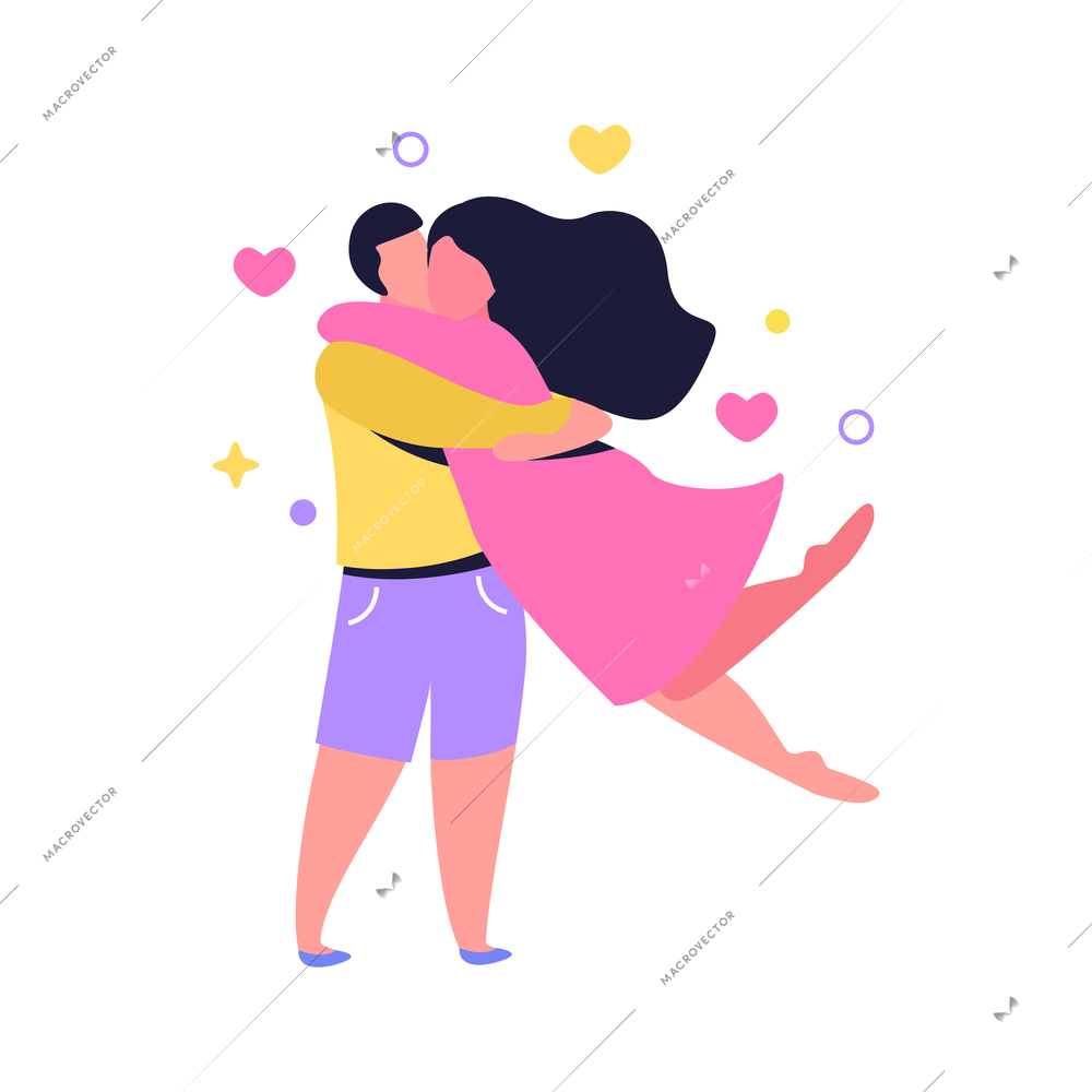 Hug day flat composition with human characters of loving couple with girl hanging round boys neck vector illustration