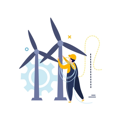 Electricity and lighting flat icons composition with character of electrician connecting wires to wind turbines vector illustration