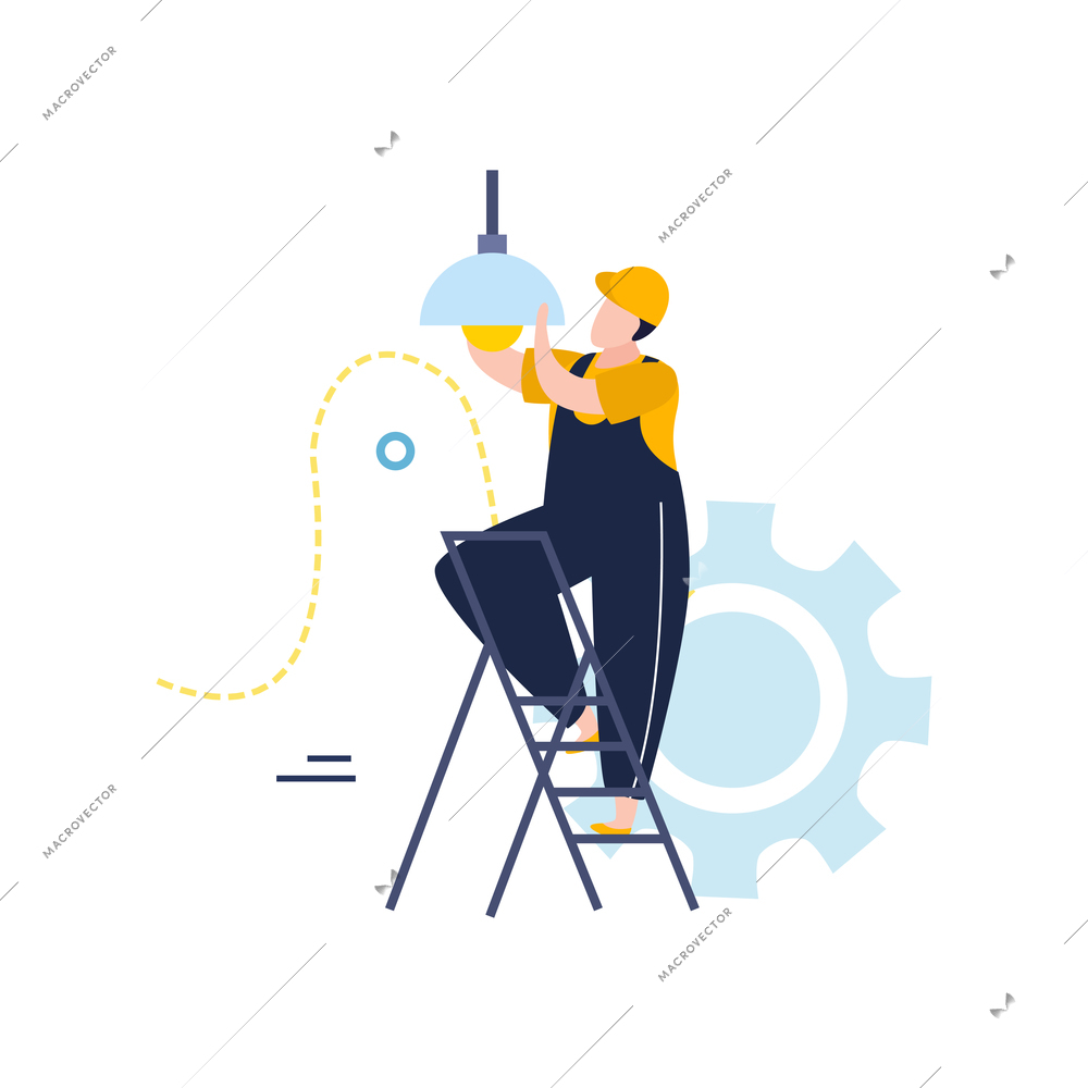 Electricity and lighting flat icons composition with character of electrician changing lamp bulb vector illustration