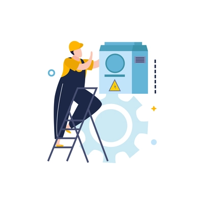 Electricity and lighting flat icons composition with character of electrician on ladder with power box vector illustration