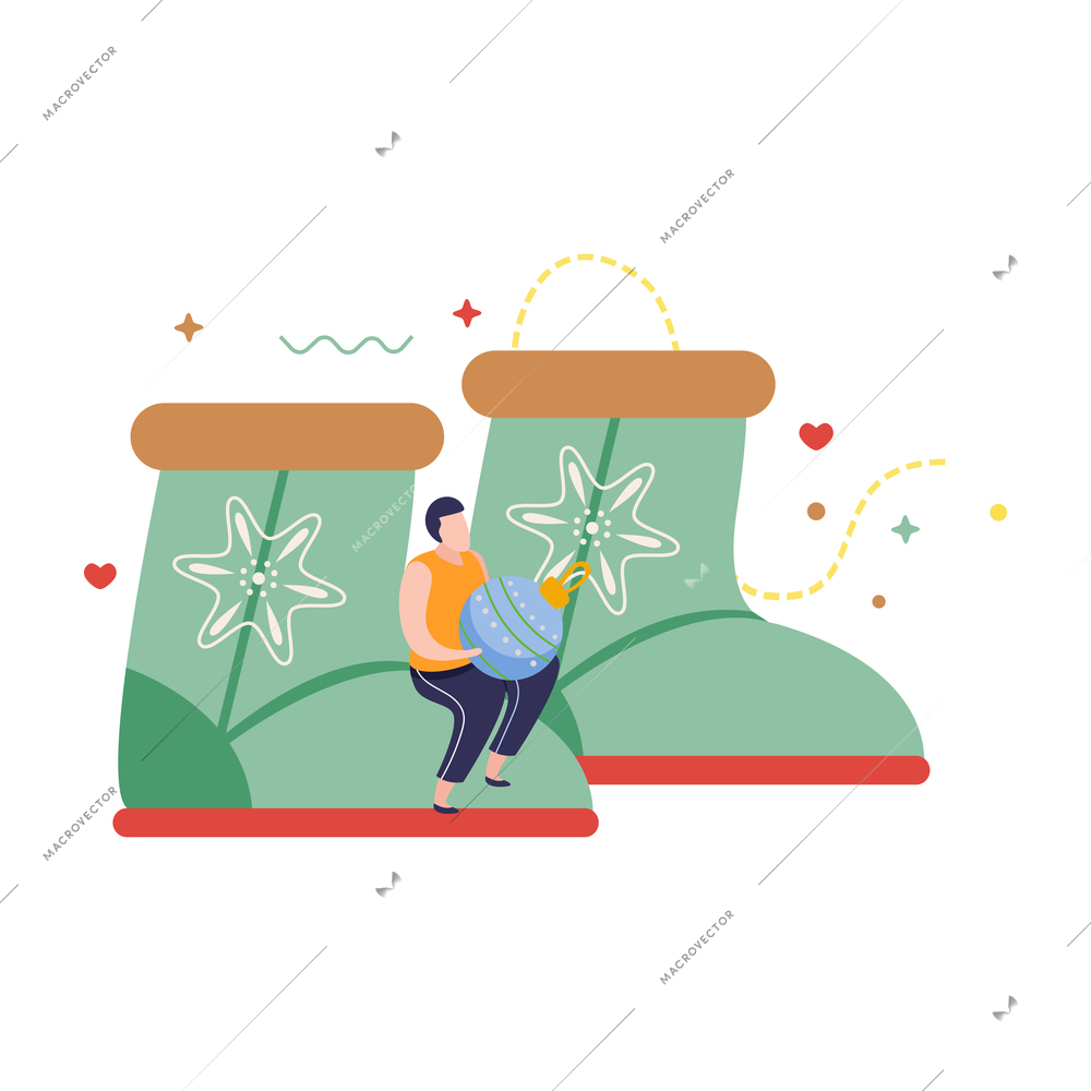 Happy winter flat composition with man holding christmas ball sitting on winter shoes pair vector illustration