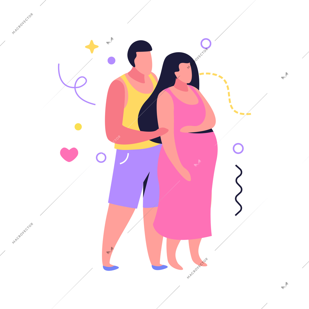 Hug day flat composition with human characters of loving couple with pregnant woman vector illustration